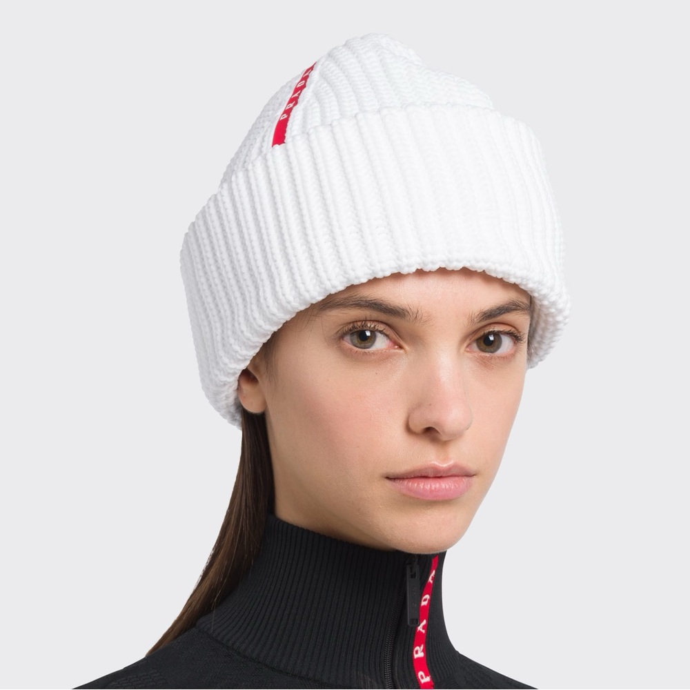 Prada Tec Rec Nylon Ribbed Beanie White NWT Small